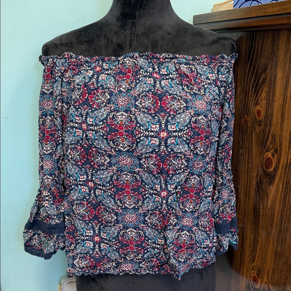 Bohemian Off-Shoulder Blouse in Red and Blue